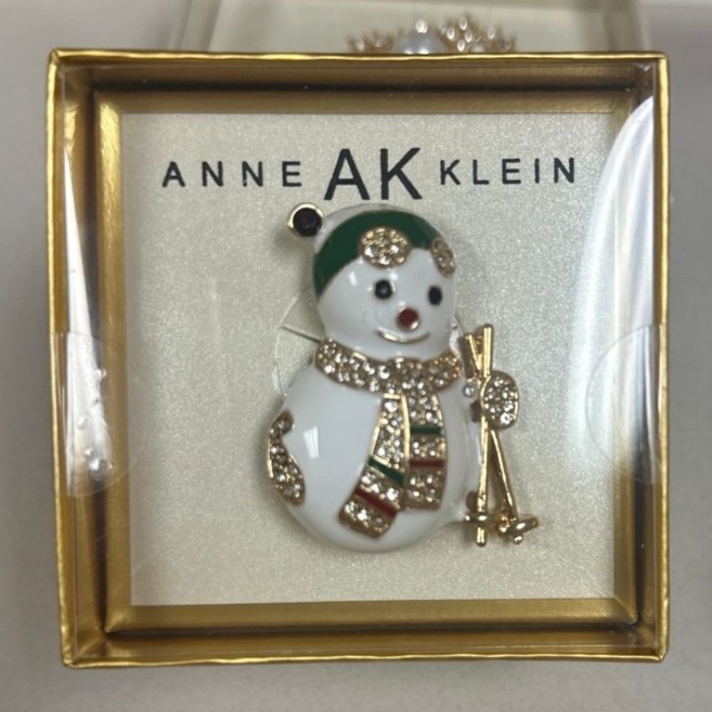 Anne Klein White Green Red Gold Tone Rhinestones Skiing Snowman Brooch